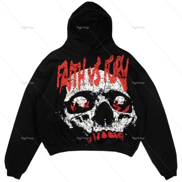 Black hoodie with a stylized skull and crossbones print in red and white