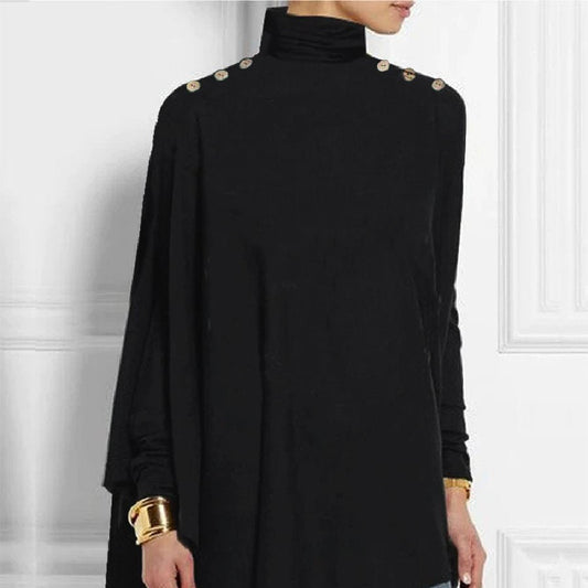 A black turtleneck top with a 3D effect pattern, featuring a relaxed fit and button details on the shoulder.