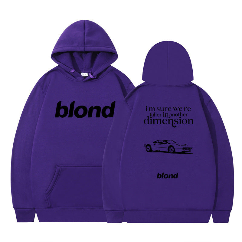 Black hoodie with 'blond' written twice and a graphic of a car on the back, with the text 'i'm sure we're all in another dimension'.