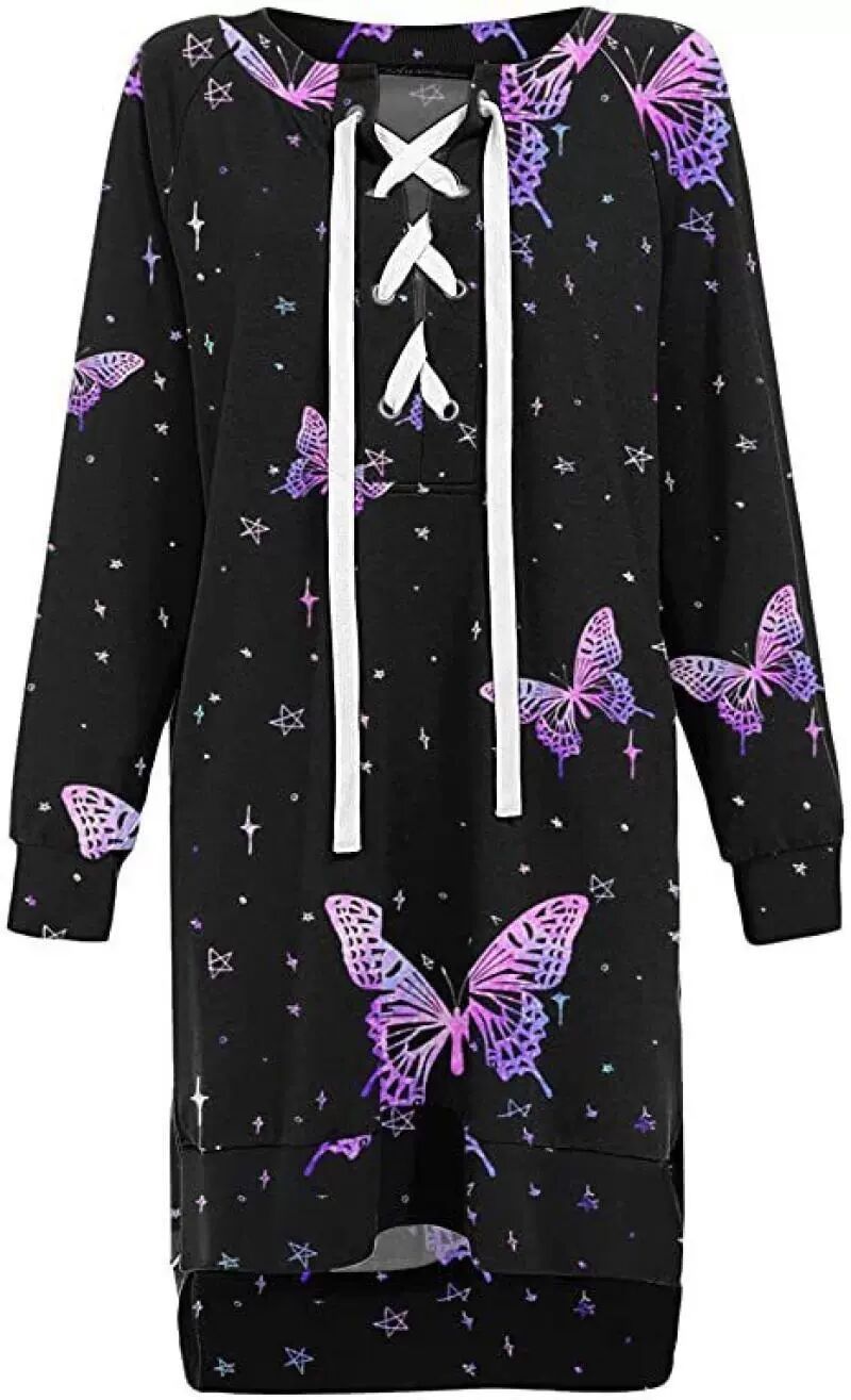 Black hoodie with purple butterfly patterns on a white background