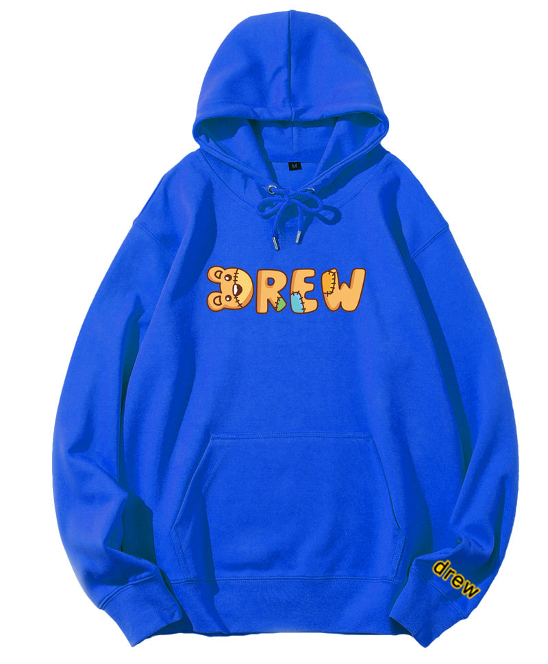 Blue hoodie with pink text graphic on the front and a small logo on the lower right sleeve.