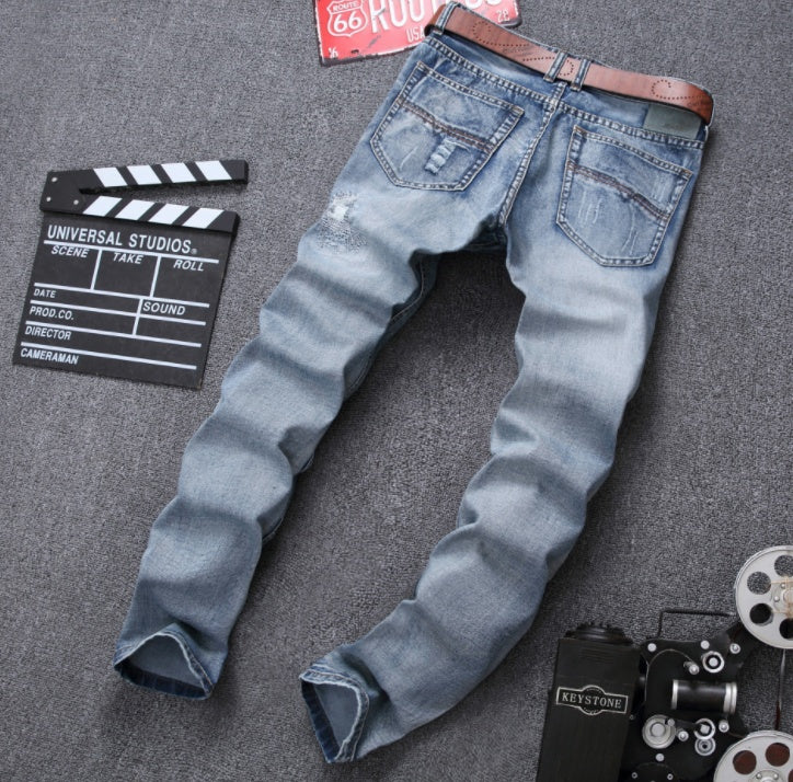 MCCKLE Men's Slim Fit Light Blue Ripped Jeans – Distressed Denim Joggers