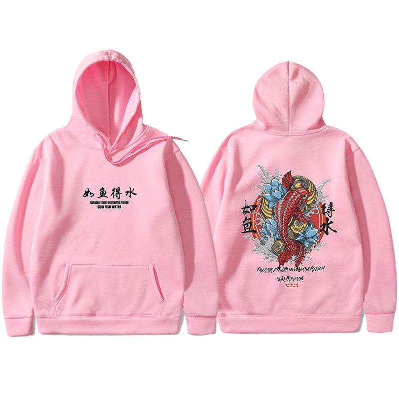 A pink urban hoodie with a traditional Japanese art print in the center, featuring an animal and floral elements.