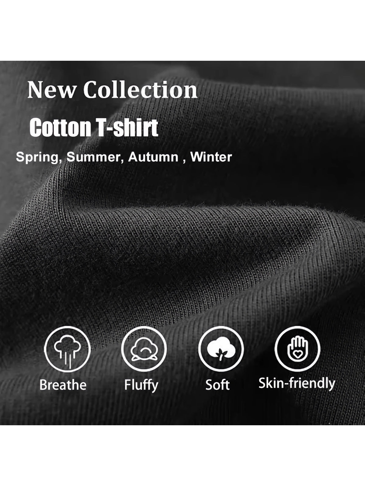 Black cotton t-shirt fabric with product features on a white background