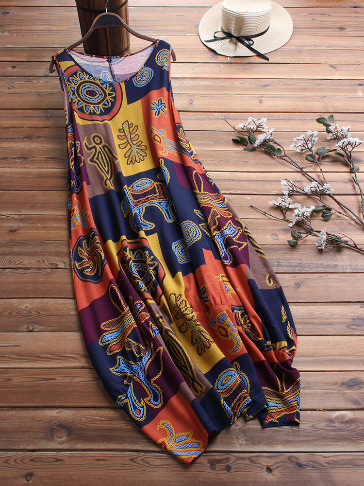 A sleeveless, floral and geometric patterned linen vest in vibrant colors.