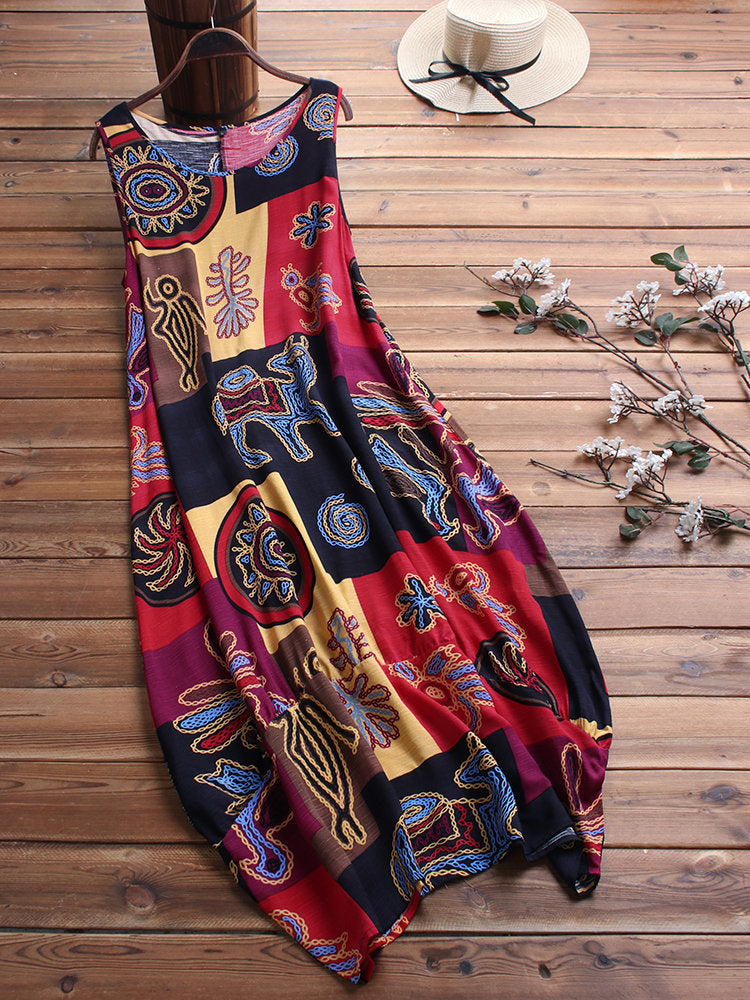 A sleeveless, floral and geometric patterned linen vest in vibrant colors.
