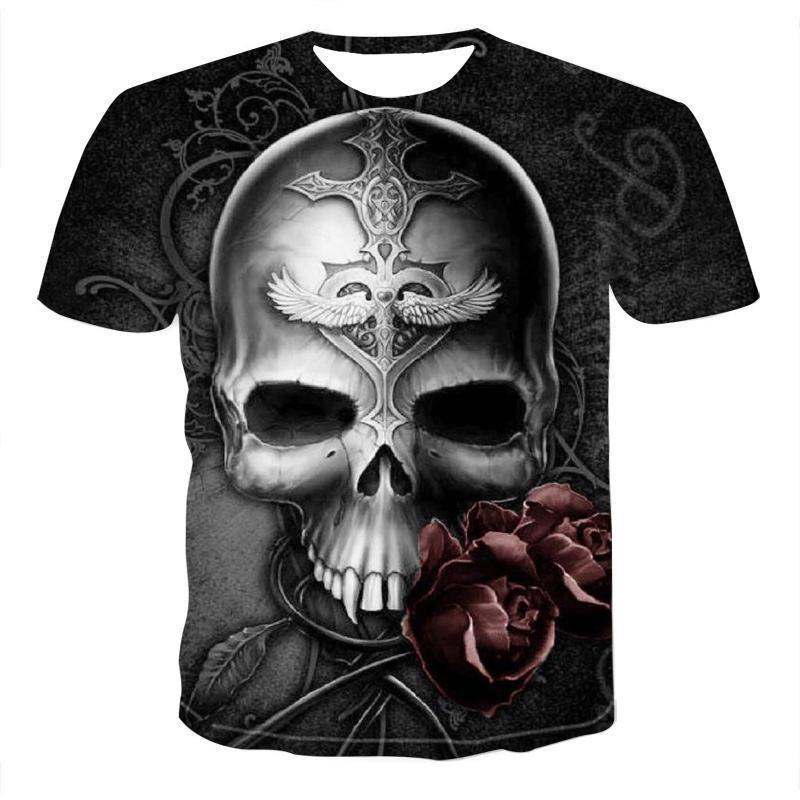 T-shirt with a 3D skull graphic print in multiple colors on a short-sleeved mesh fabric.