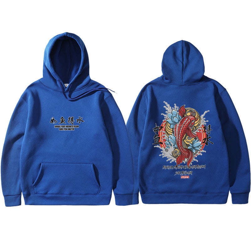 A blue urban hoodie with a traditional Japanese art print in the center, featuring an animal and floral elements.