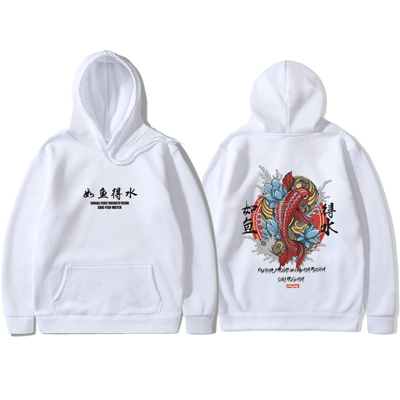 A white urban hoodie with a traditional Japanese art print in the center, featuring an animal and floral elements.