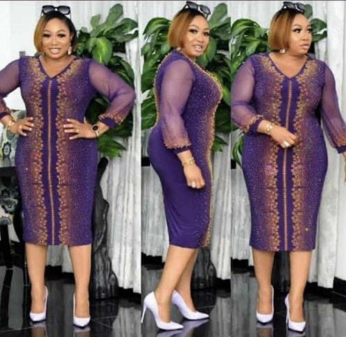 Elegant Slim Fit Chiffon Yarn Long Sleeve Mid-Length Dress - Plus Size