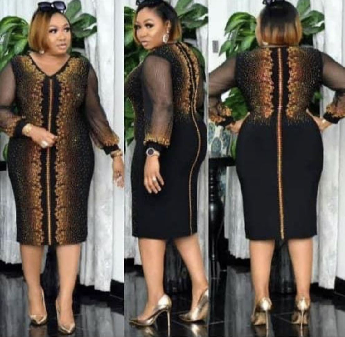 Elegant Slim Fit Chiffon Yarn Long Sleeve Mid-Length Dress - Plus Size