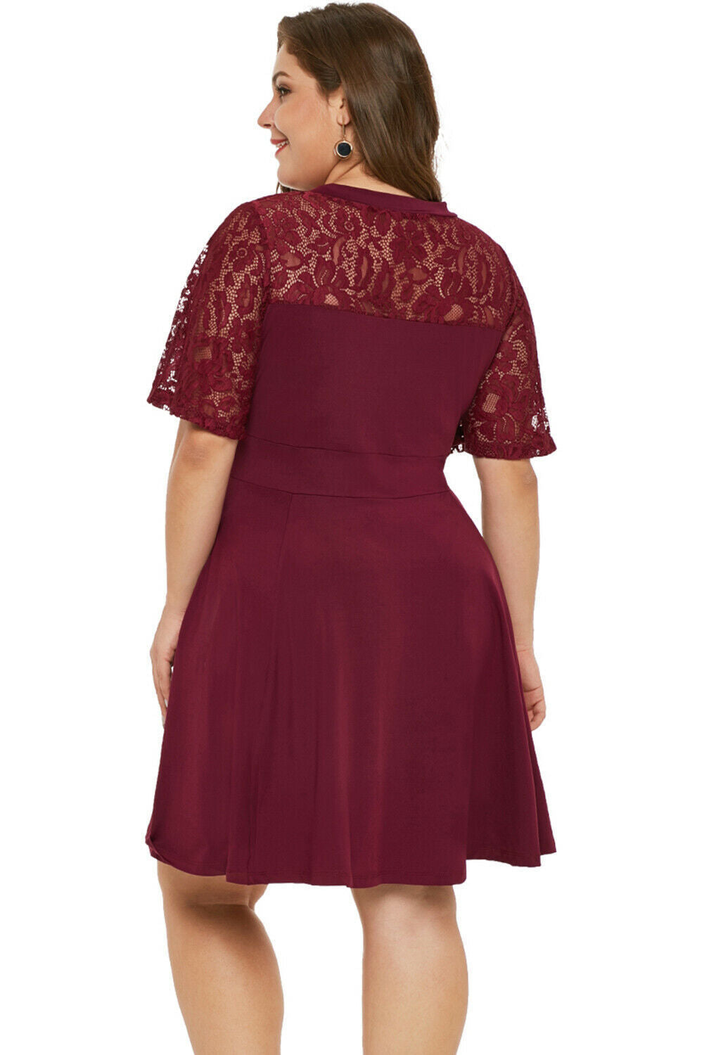 Elegant V-Neck Lace Dress - Plus Size, Short Sleeve Design