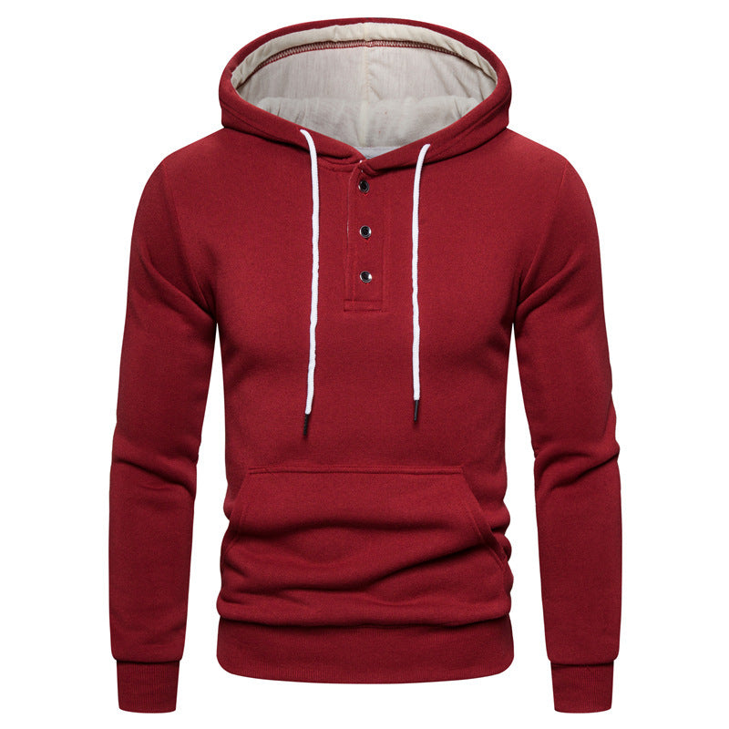 A red plush cotton fleece pullover with a hood, featuring stylish button decoration and three-dimensional patch pockets.