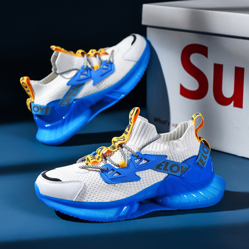 A pair of athletic shoes with a black Flyknit upper, blue TPU+Popcorn soles, and green and red laces.