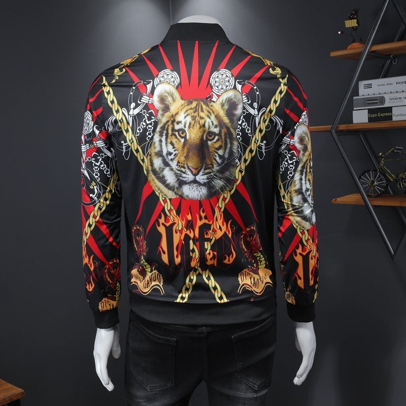 A male mannequin wearing a Urban Royalty Gold Bomber jacket with a gold print design, predominantly white with red and black accents, and side seam pockets.