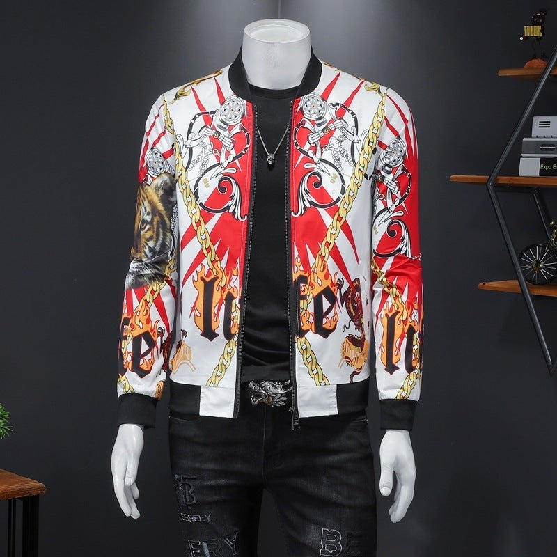 A male mannequin wearing a Urban Royalty Gold Bomber jacket with a gold print design, predominantly white with red and black accents, and side seam pockets.