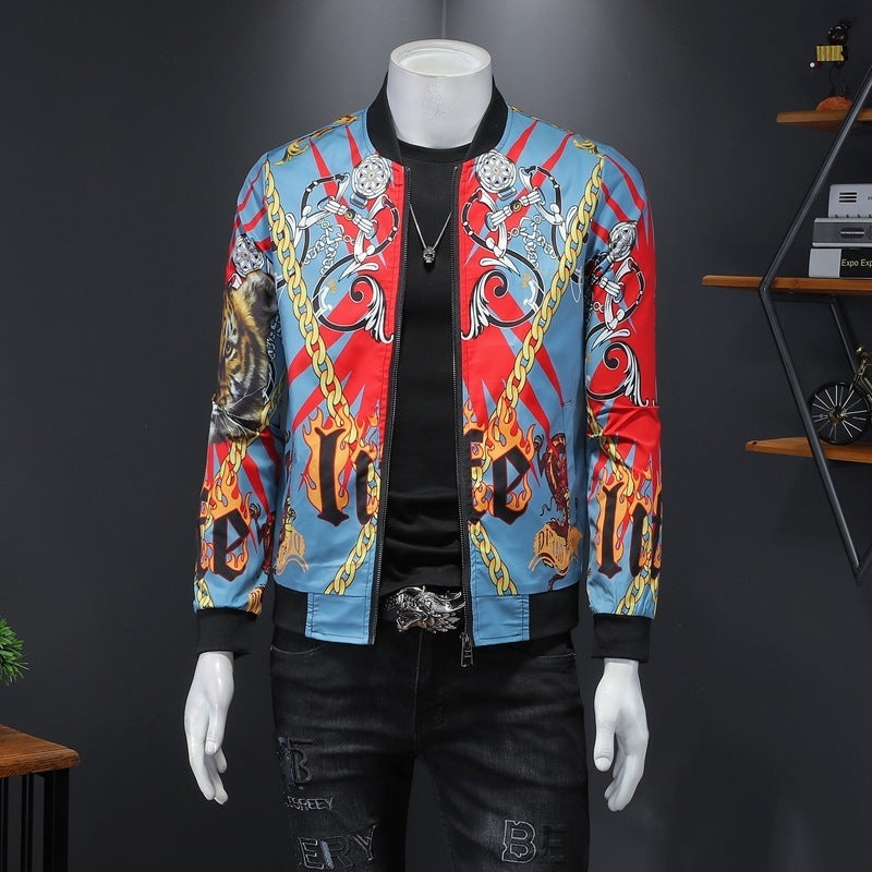 A male mannequin wearing a Urban Royalty Gold Bomber jacket with a gold print design, predominantly white with red and black accents, and side seam pockets.