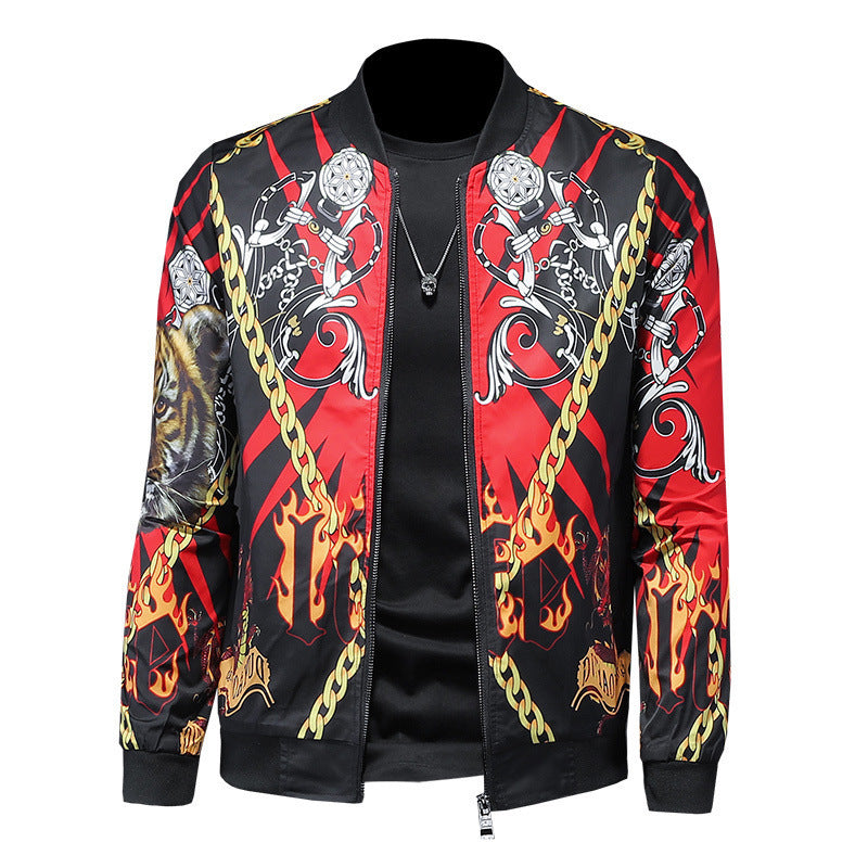 A male mannequin wearing a Urban Royalty Gold Bomber jacket with a gold print design, predominantly white with red and black accents, and side seam pockets.