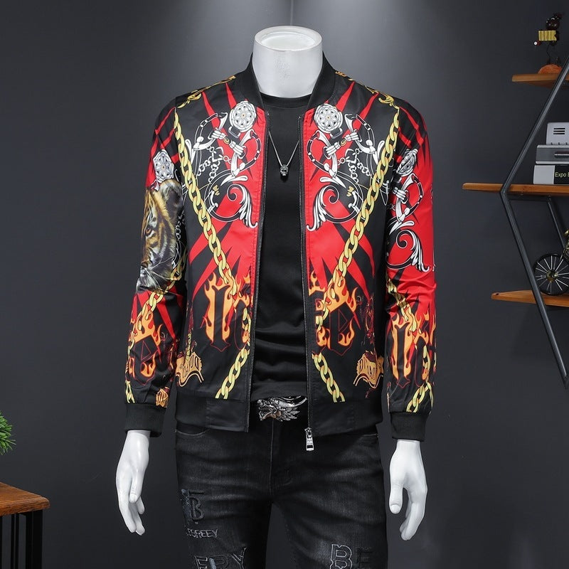 A male mannequin wearing a Urban Royalty Gold Bomber jacket with a gold print design, predominantly white with red and black accents, and side seam pockets.