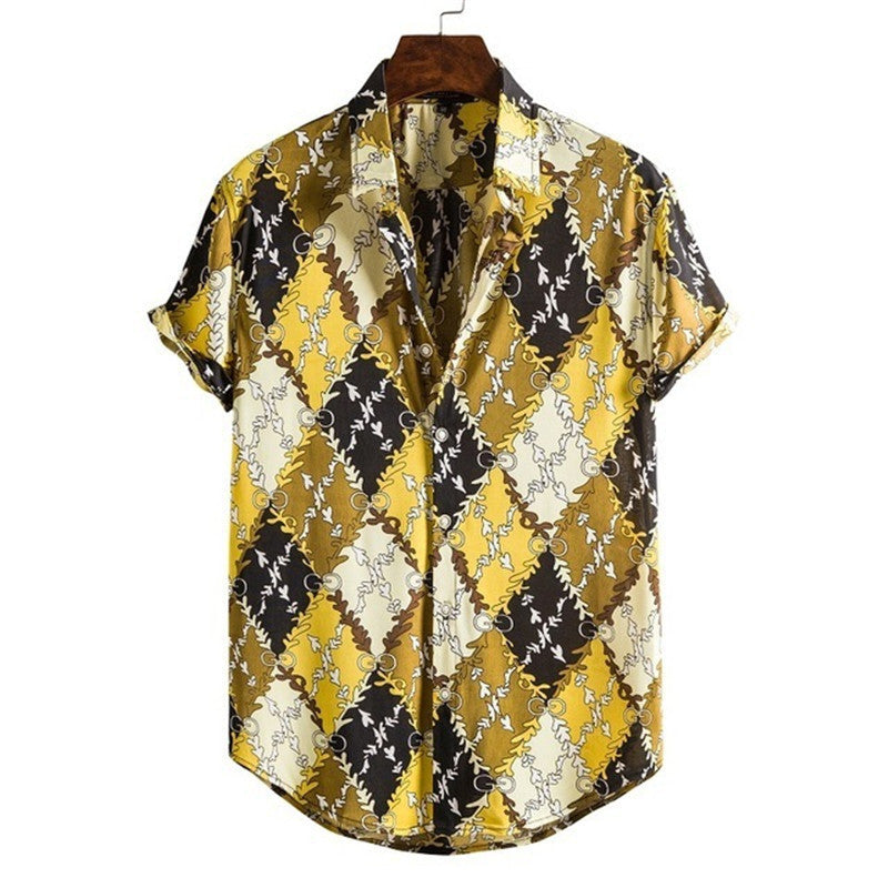 A long-sleeve Urban Polo Streetwear Shirt with a pointed collar, featuring a geometric pattern in a yellow color family on a darker background.