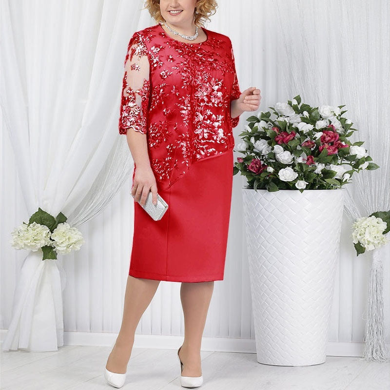 Chic Fake Two-Piece Lace Stitching Dress - Large Size for Women