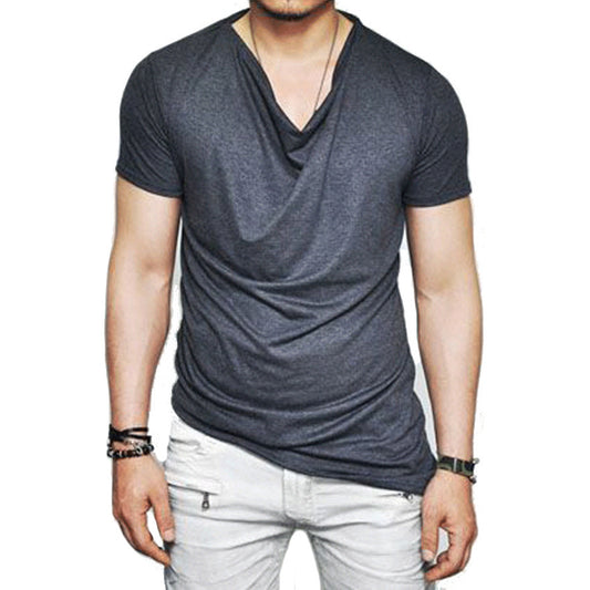 A male model wearing a gray V-neck, short-sleeved T-shirt with a slim fit.