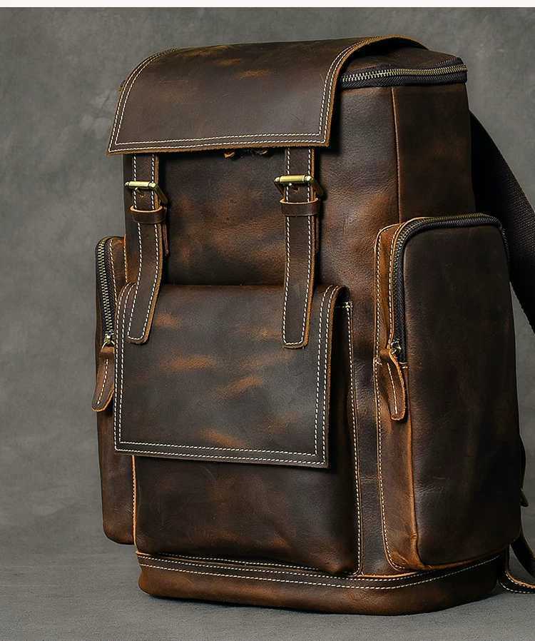 Retro Crazy Horse Leather Mens Backpack male computer bag Large Capacity 15.6 inch laptop bags genuine leather Travel Backpacks Sean Powell Apparel