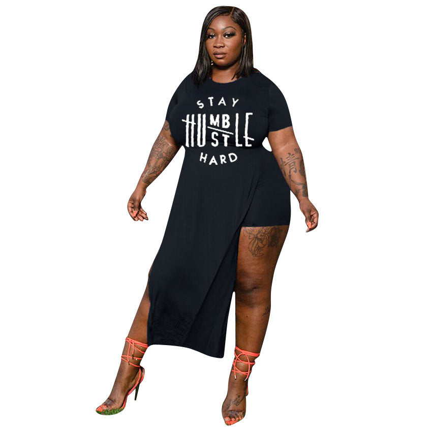 Trendy Letter Print Plus Size Blouse – Casual Short Sleeve Suit