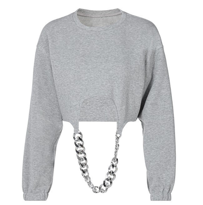 A light grey cropped sweatshirt on a white background