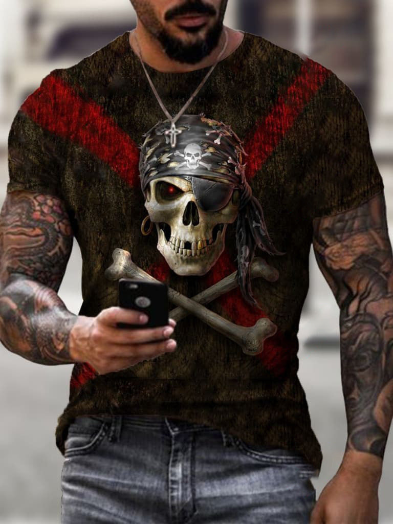 A person wearing a black t-shirt with a 3D digital print of a skull in the center, with splashes of red and white around it.