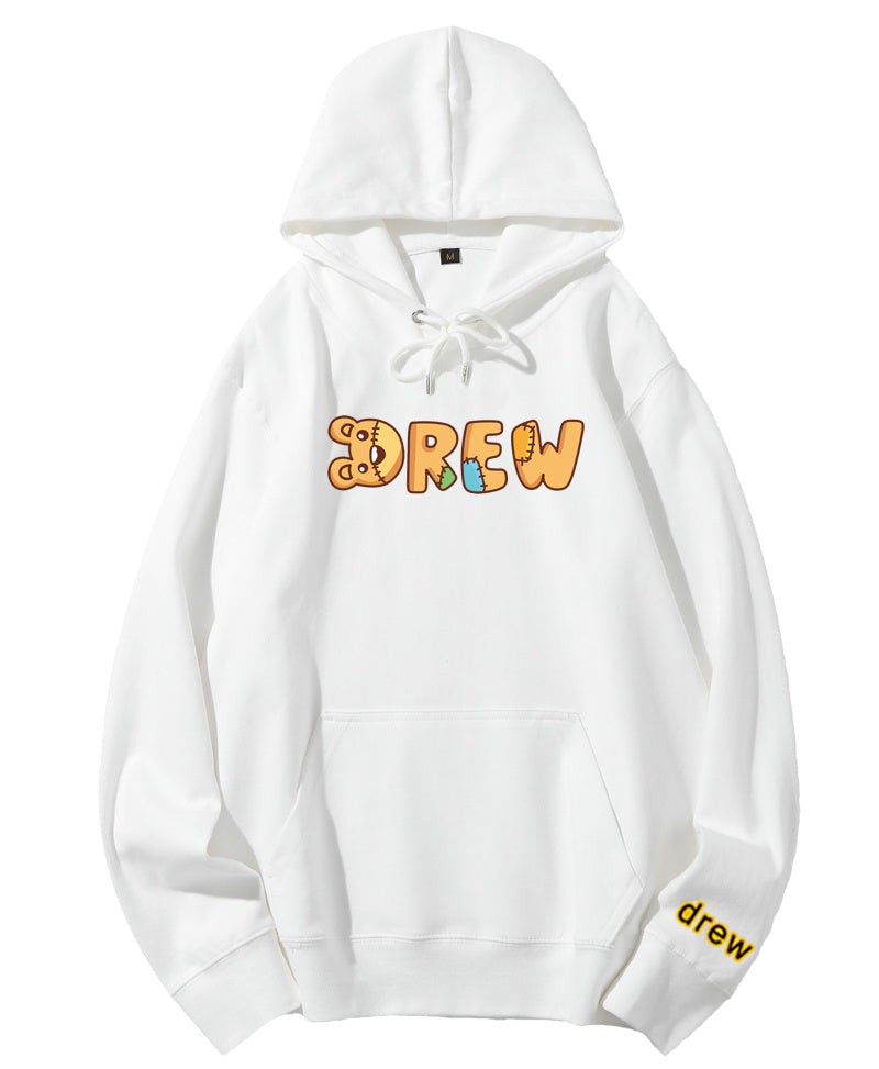 White hoodie with pink text graphic on the front and a small logo on the lower right sleeve.