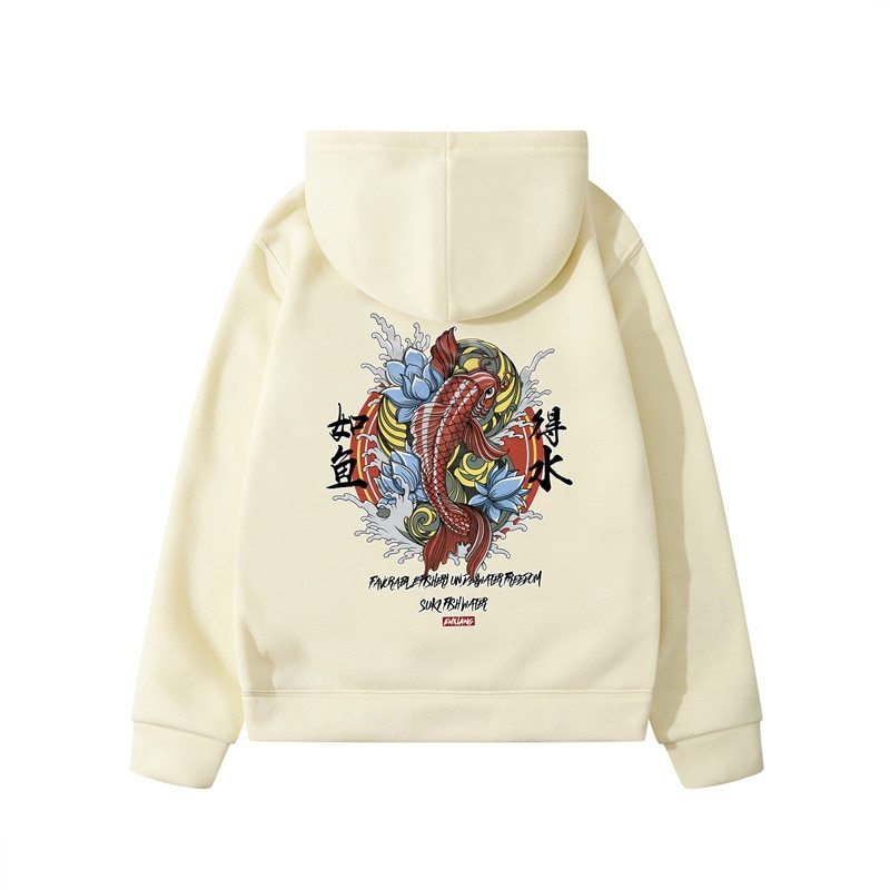A beige urban hoodie with a traditional Japanese art print in the center, featuring an animal and floral elements.