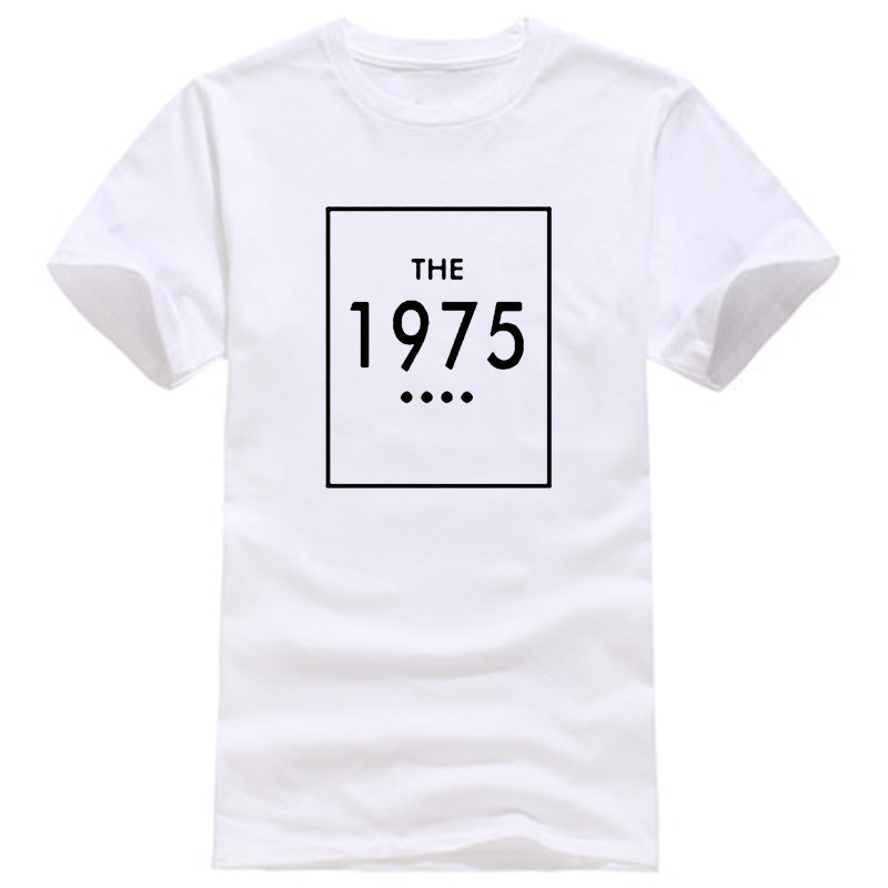A white oversized t-shirt with 'THE 1975' printed in black lettering on the front.