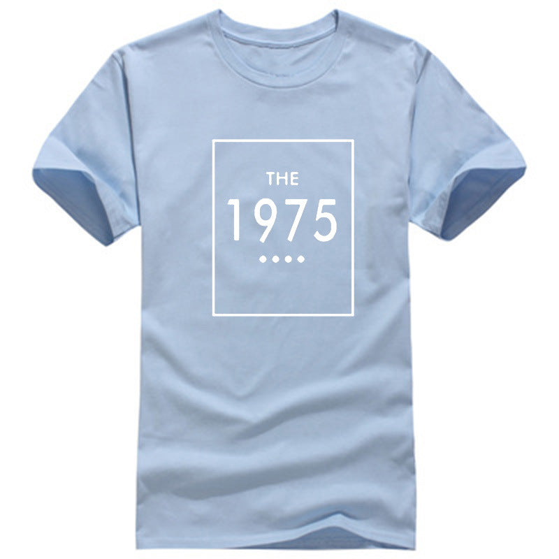 A blue oversized t-shirt with 'THE 1975' printed in black lettering on the front.