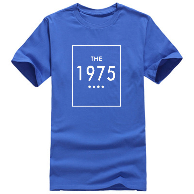 A blue oversized t-shirt with 'THE 1975' printed in black lettering on the front.