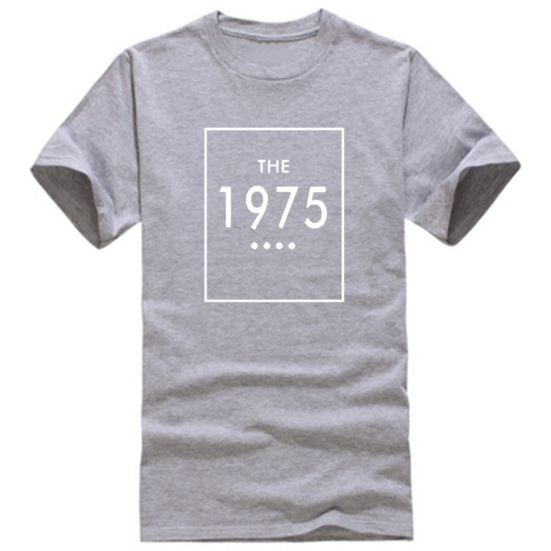 A gray oversized t-shirt with 'THE 1975' printed in black lettering on the front.