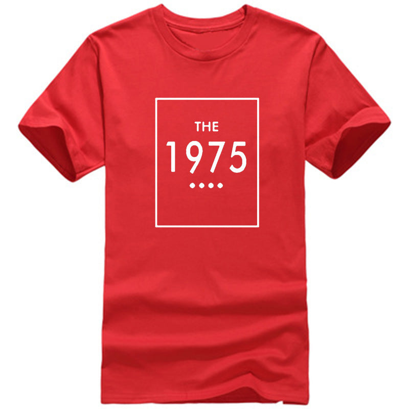 A red oversized t-shirt with 'THE 1975' printed in black lettering on the front.