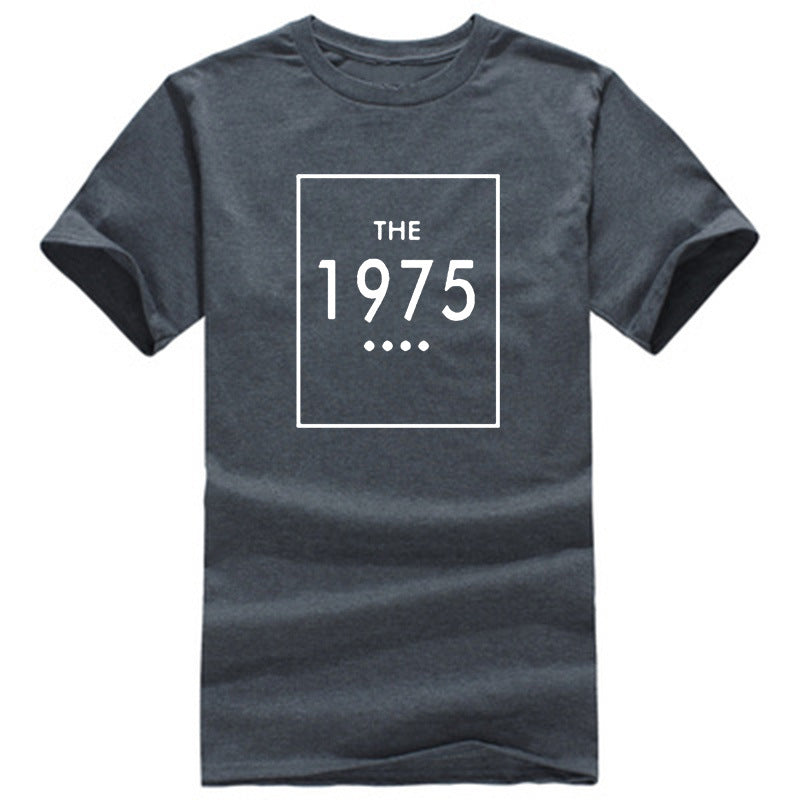 A gray oversized t-shirt with 'THE 1975' printed in black lettering on the front.