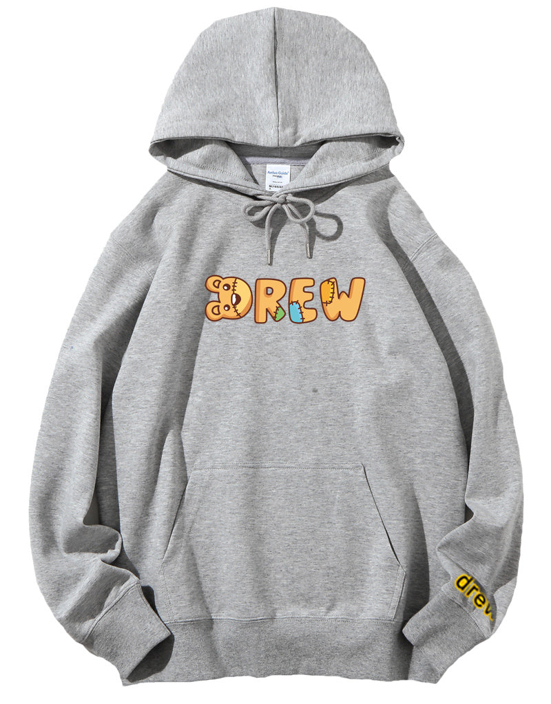 Gray hoodie with pink text graphic on the front and a small logo on the lower right sleeve.