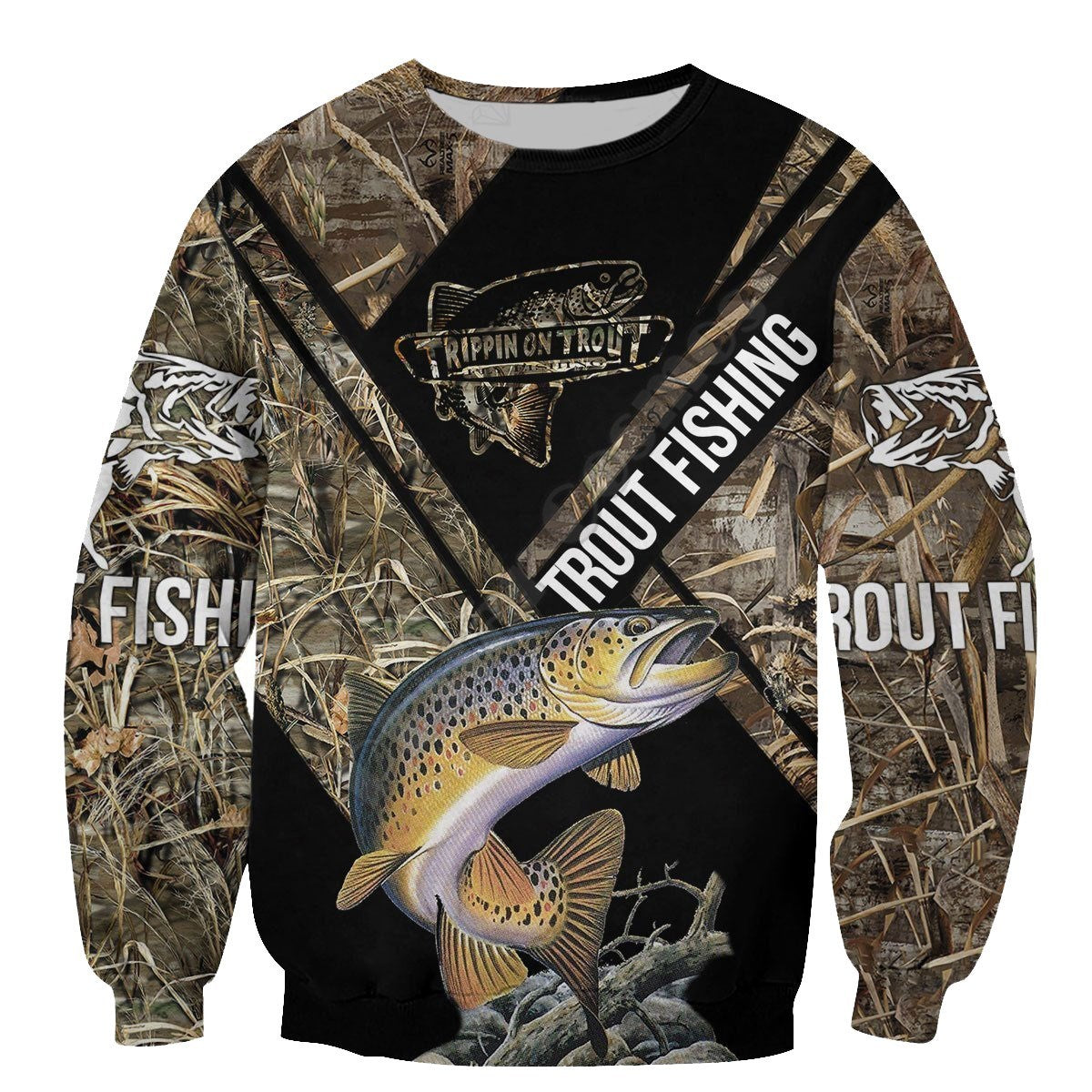 Hooded sweatshirt with camouflage pattern and a large print of a fish in the front, along with the text 'FISHING'.