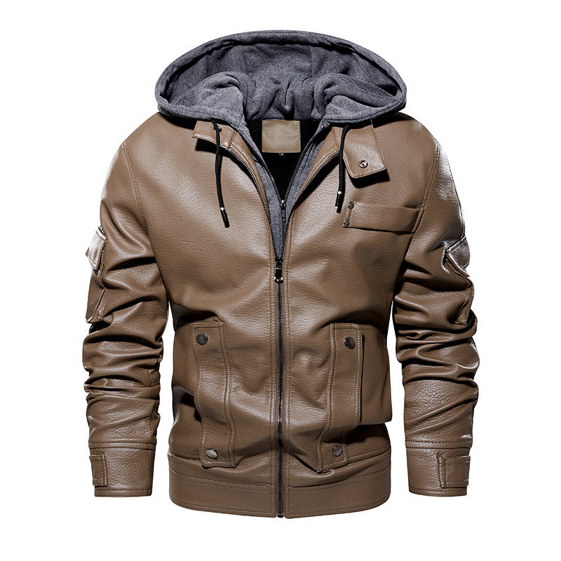 A brown Iron Crest Urban Leather Coat with a hood, featuring a full-length zip closure and snap-button placket, with a fleece inner lining visible.