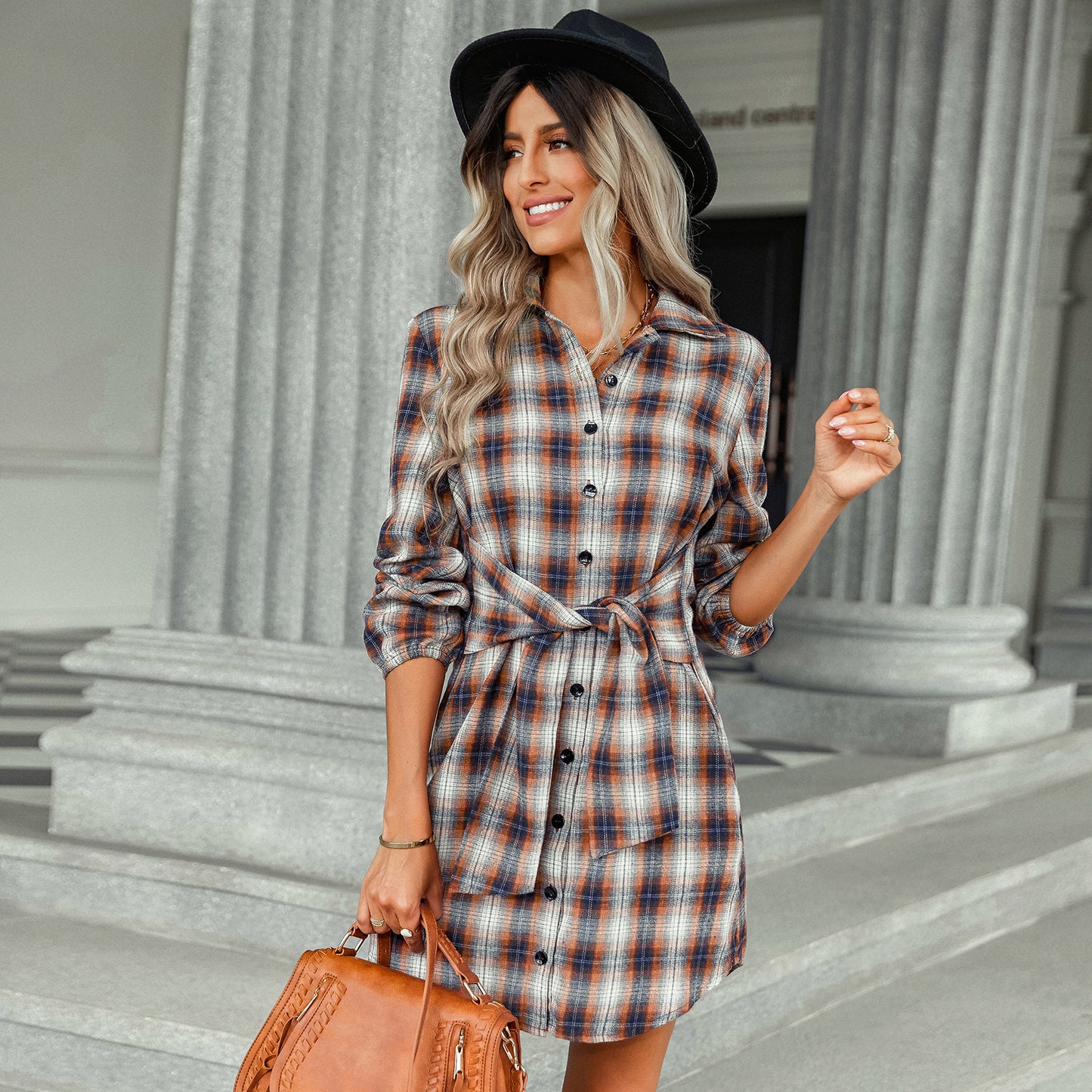 Plaid Perfection Drawstring Waist Fashion Dress