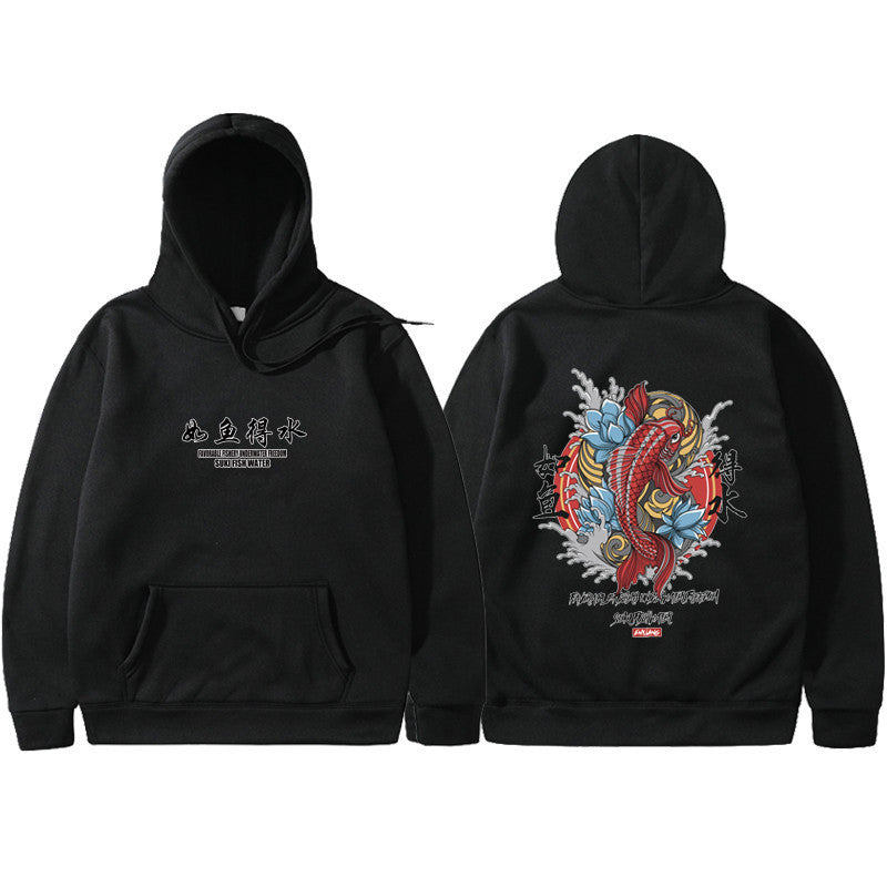 A black urban hoodie with a traditional Japanese art print in the center, featuring an animal and floral elements.