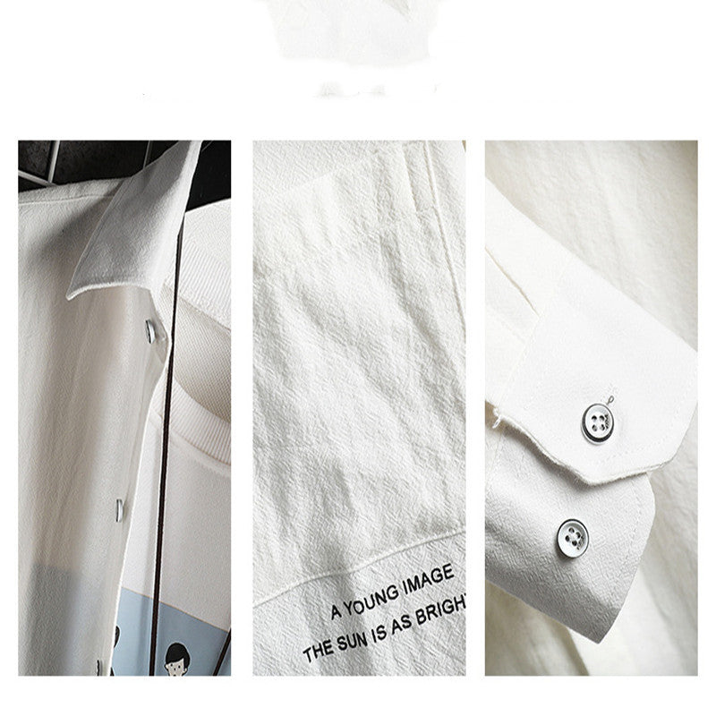 A male fashion model wearing a white Urban Wave men's fashion top with a lapel collar, long sleeves, and a slim fit. The top is displayed in an urban setting with a tiled wall in the background.