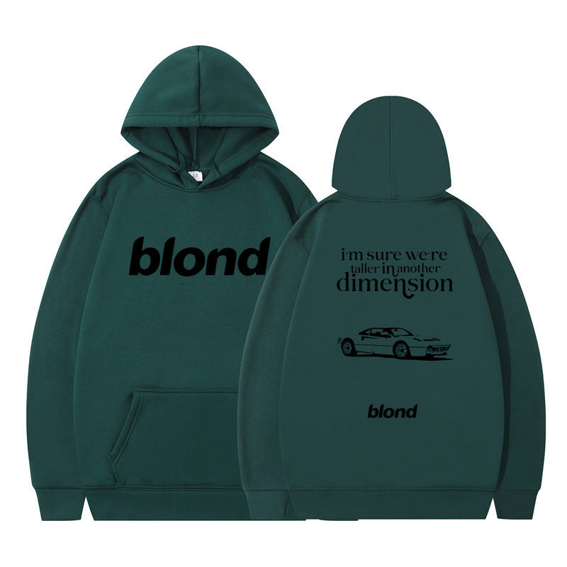 Black hoodie with 'blond' written twice and a graphic of a car on the back, with the text 'i'm sure we're all in another dimension'.