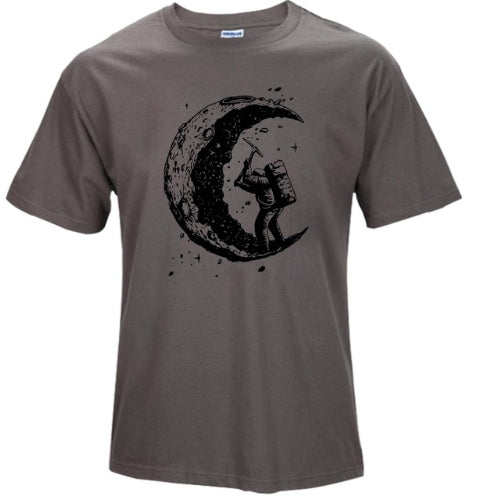 A white Cosmic Moon O-neck T-shirt with a unique black moon print featuring a person reaching for stars.