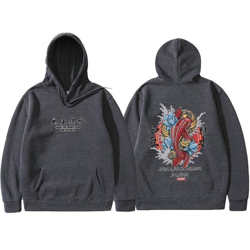 A gray urban hoodie with a traditional Japanese art print in the center, featuring an animal and floral elements.