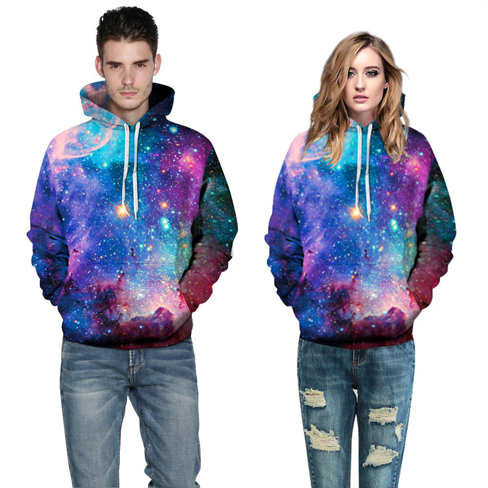 A hoodie with an all-over starry sky print, featuring a hood and drawstrings.