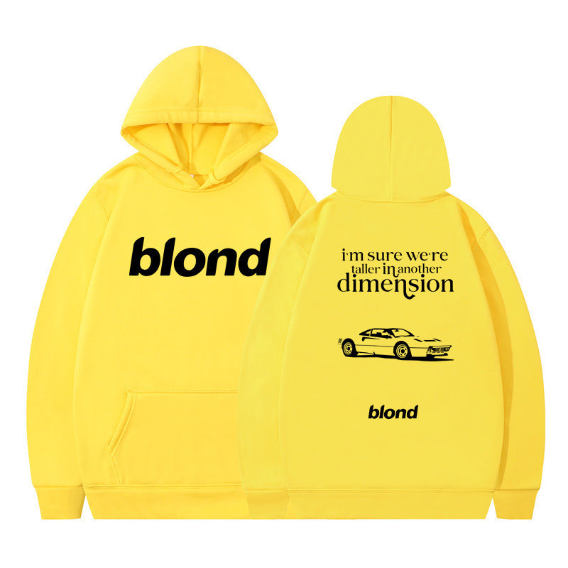 Black hoodie with 'blond' written twice and a graphic of a car on the back, with the text 'i'm sure we're all in another dimension'.