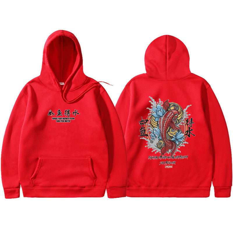 A orange urban hoodie with a traditional Japanese art print in the center, featuring an animal and floral elements.